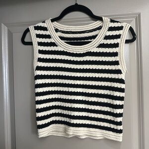 Commense Black and White Striped Crochet Tank Top